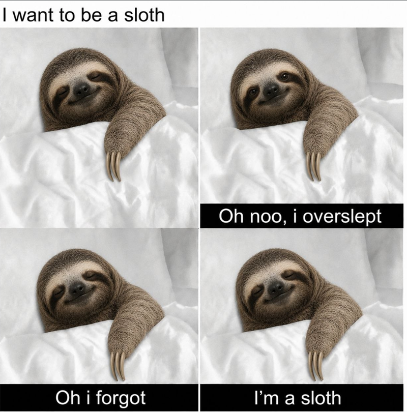 I want to be a sloth Oh noo, i overslept Oh i forgot I'm a sloth