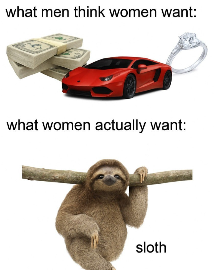 what men think women want: what women actually want: sloth