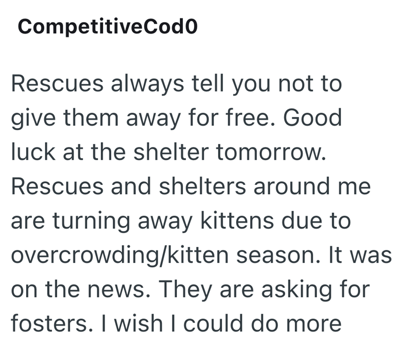 CompetitiveCodo Rescues always tell you not to give them away for free. Good luck at the shelter tomorrow. Rescues and shelters around me are turning away kittens due to overcrowding/kitten season. It was on the news. They are asking for fosters. I wish I could do more