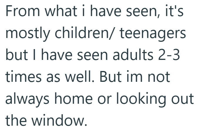 From what i have seen, it's mostly children/ teenagers but I have seen adults 2-3 times as well. But im not always home or looking out the window.
