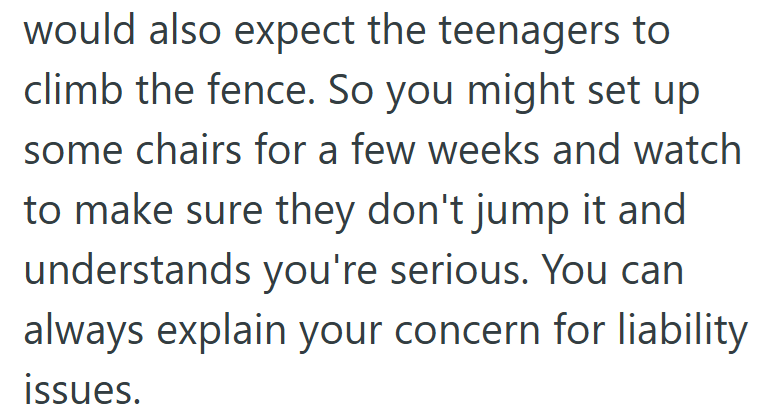 would also expect the teenagers to climb the fence. So you might set up some chairs for a few weeks and watch to make sure they don't jump it and understands you're serious. You can always explain your concern for liability issues.
