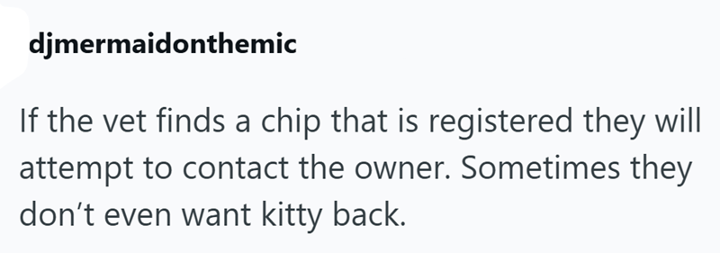 djmermaidonthemic If the vet finds a chip that is registered they will attempt to contact the owner. Sometimes they don't even want kitty back.