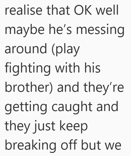 realise that OK well maybe he's messing around (play fighting with his brother) and they're getting caught and they just keep breaking off but we