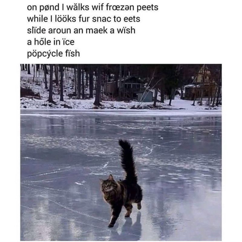 on pond I wǎlks wif frozǝn peets while I lööks fur snac to eets slide aroun an maek a wish a hole in ïce pöpcycle fish