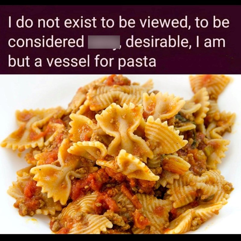 I do not exist to be viewed, to be considered, desirable, I am but a vessel for pasta