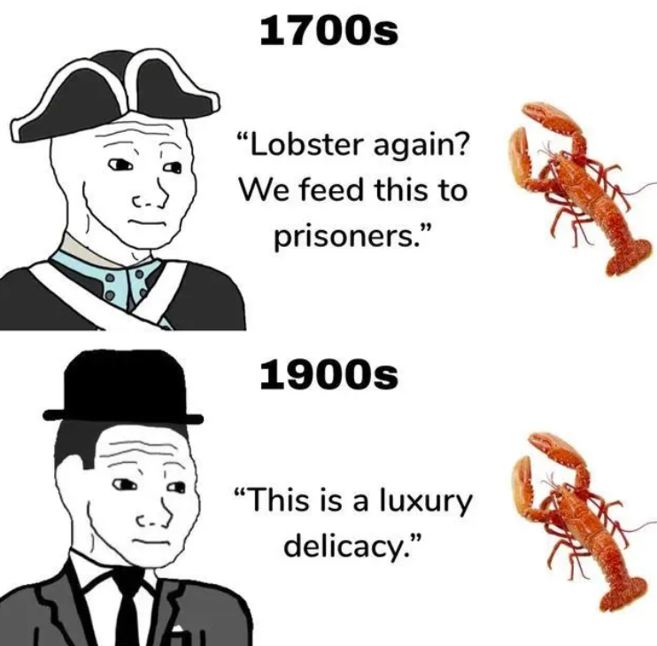 1700s "Lobster again? We feed this to prisoners." 1900s "This is a luxury delicacy."