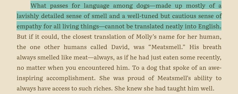 What passes for language among dogs-made up mostly of a lavishly detailed sense of smell and a well-tuned but cautious sense of empathy for all living things-cannot be translated neatly into English. But if it could, the closest translation of Molly's name for her human, the one other humans called David, was "Meatsmell." His breath always smelled like meat—always, as if he had just eaten some recently, no matter when you encountered him. To a dog that spoke of an awe- inspiring accomplishment.