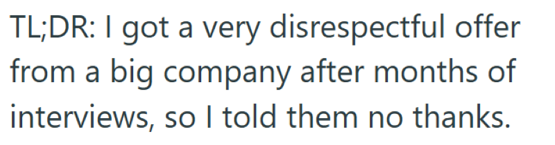 TL;DR: I got a very disrespectful offer from a big company after months of interviews, so I told them no thanks.