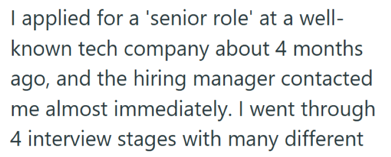 I applied for a 'senior role' at a well- known tech company about 4 months ago, and the hiring manager contacted me almost immediately. I went through 4 interview stages with many different