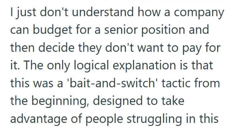 I just don't understand how a company can budget for a senior position and then decide they don't want to pay for it. The only logical explanation is that this was a 'bait-and-switch' tactic from the beginning, designed to take advantage of people struggling in this