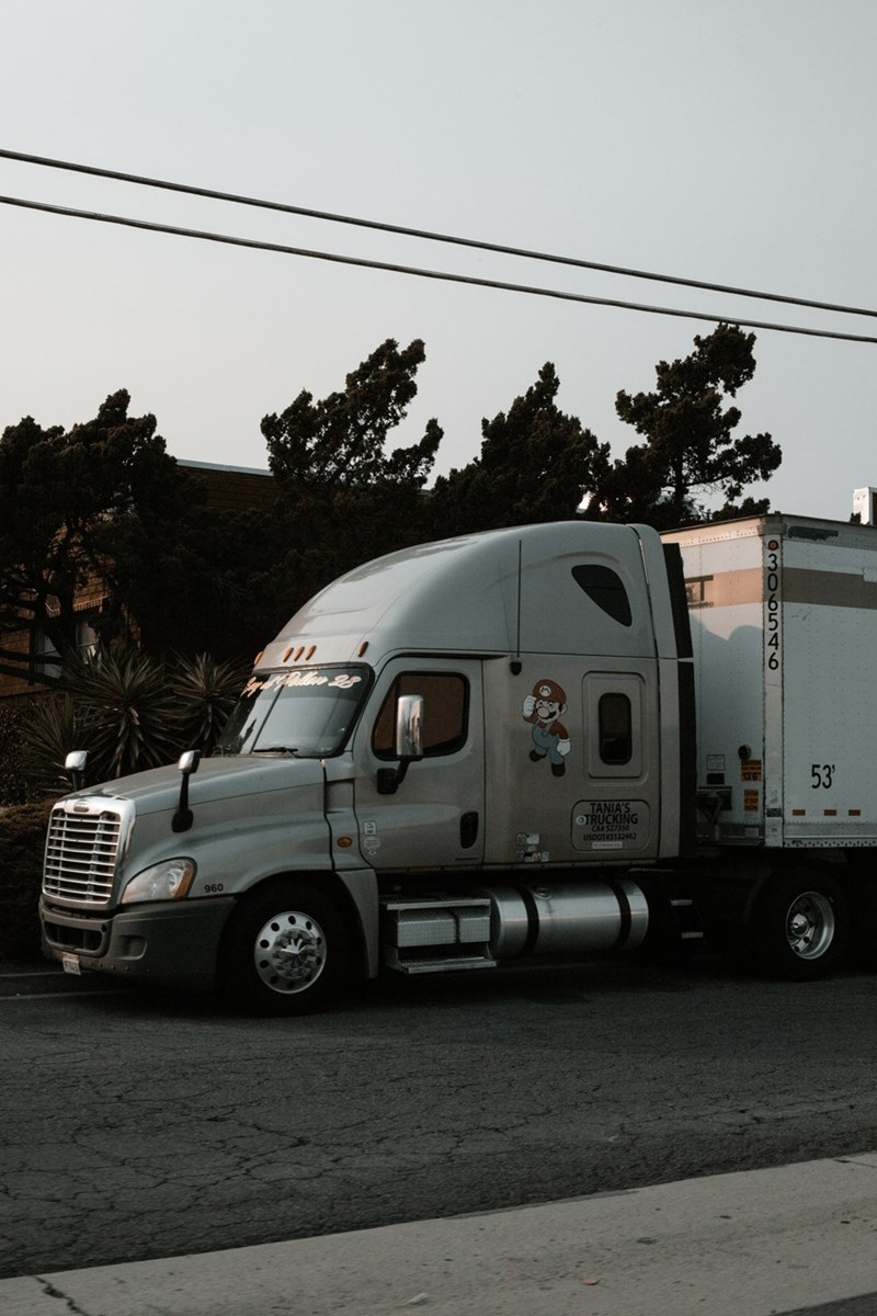A portrait of a white truck in the evening on the road