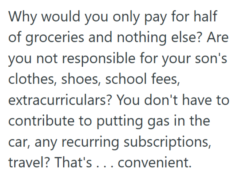 Why would you only pay for half of groceries and nothing else? Are you not responsible for your son's clothes, shoes, school fees, extracurriculars? You don't have to contribute to putting gas in the car, any recurring subscriptions, travel? That's... convenient.