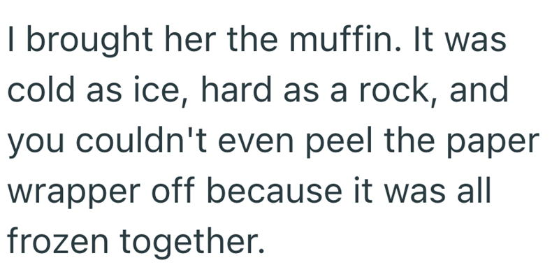 I brought her the muffin. It was cold as ice, hard as a rock, and you couldn't even peel the paper wrapper off because it was all frozen together.