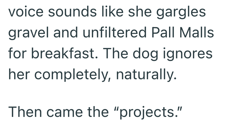 voice sounds like she gargles gravel and unfiltered Pall Malls for breakfast. The dog ignores her completely, naturally. Then came the "projects."