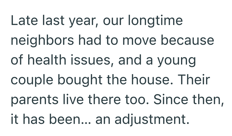 Late last year, our longtime neighbors had to move because of health issues, and a young couple bought the house. Their parents live there too. Since then, it has been... an adjustment.