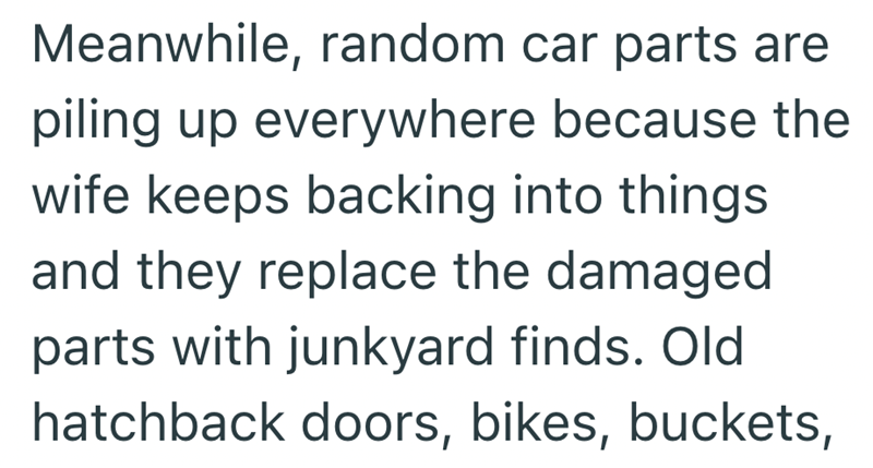 Meanwhile, random car parts are piling up everywhere because the wife keeps backing into things and they replace the damaged parts with junkyard finds. Old hatchback doors, bikes, buckets,