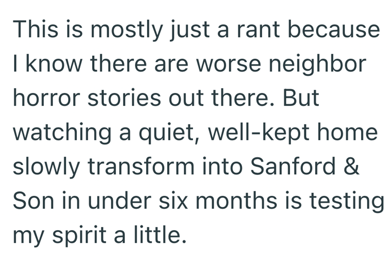 This is mostly just a rant because I know there are worse neighbor horror stories out there. But watching a quiet, well-kept home slowly transform into Sanford & Son in under six months is testing my spirit a little.