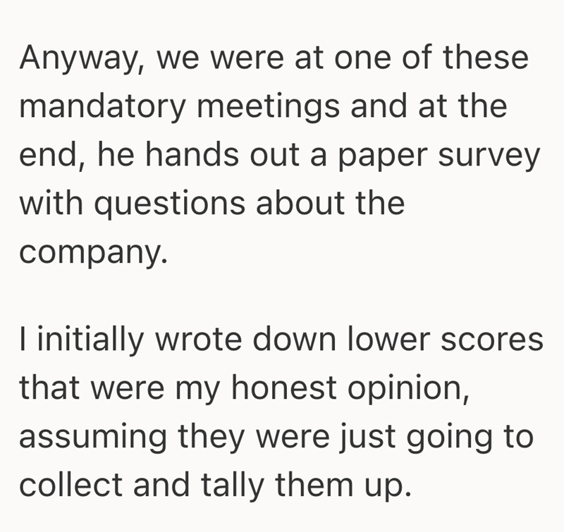 Anyway, we were at one of these mandatory meetings and at the end, he hands out a paper survey with questions about the company. I initially wrote down lower scores that were my honest opinion, assuming they were just going to collect and tally them up.