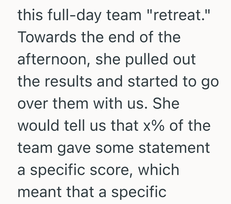 this full-day team "retreat." Towards the end of the afternoon, she pulled out the results and started to go over them with us. She would tell us that x% of the team gave some statement a specific score, which meant that a specific
