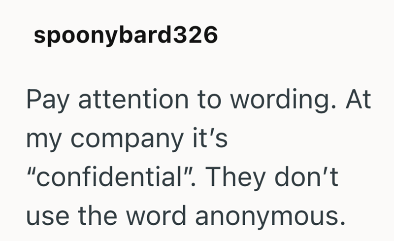 spoonybard326 Pay attention to wording. At my company it's "confidential". They don't use the word anonymous.