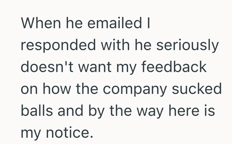 When he emailed I responded with he seriously doesn't want my feedback on how the company sucked balls and by the way here is my notice.