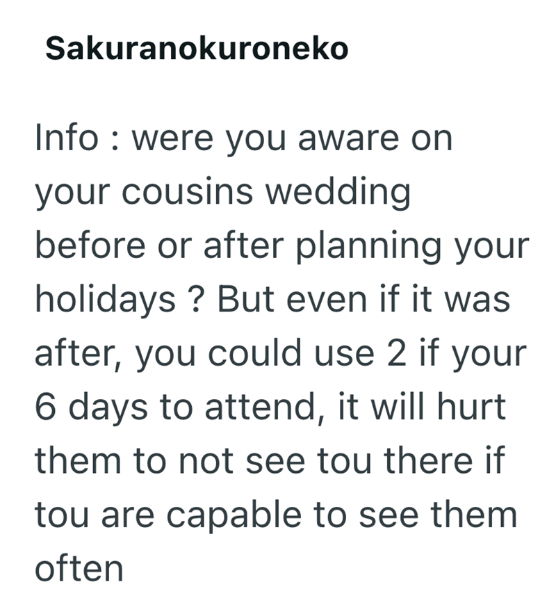 Sakuranokuroneko Info were you aware on your cousins wedding before or after planning your holidays? But even if it was after, you could use 2 if your 6 days to attend, it will hurt them to not see tou there if tou are capable to see them often