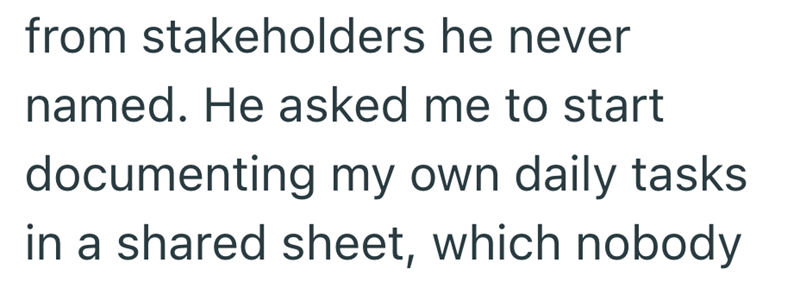 from stakeholders he never named. He asked me to start documenting my own daily tasks in a shared sheet, which nobody