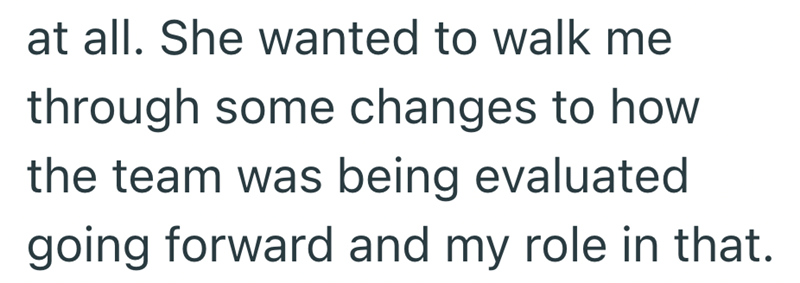 at all. She wanted to walk me through some changes to how the team was being evaluated going forward and my role in that.