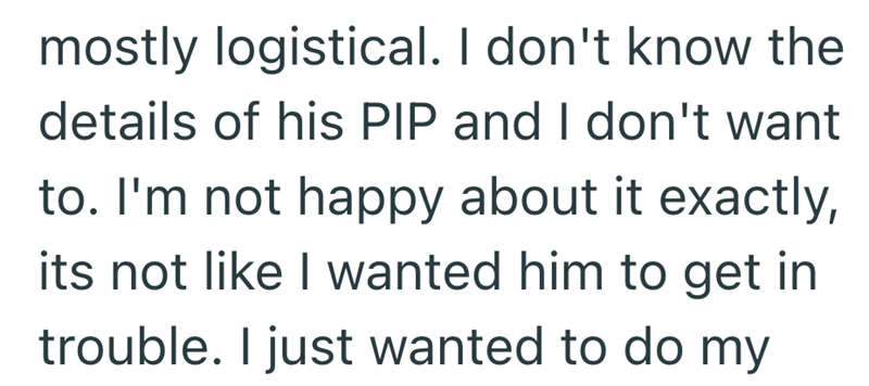 mostly logistical. I don't know the details of his PIP and I don't want to. I'm not happy about it exactly, its not like I wanted him to get in trouble. I just wanted to do my