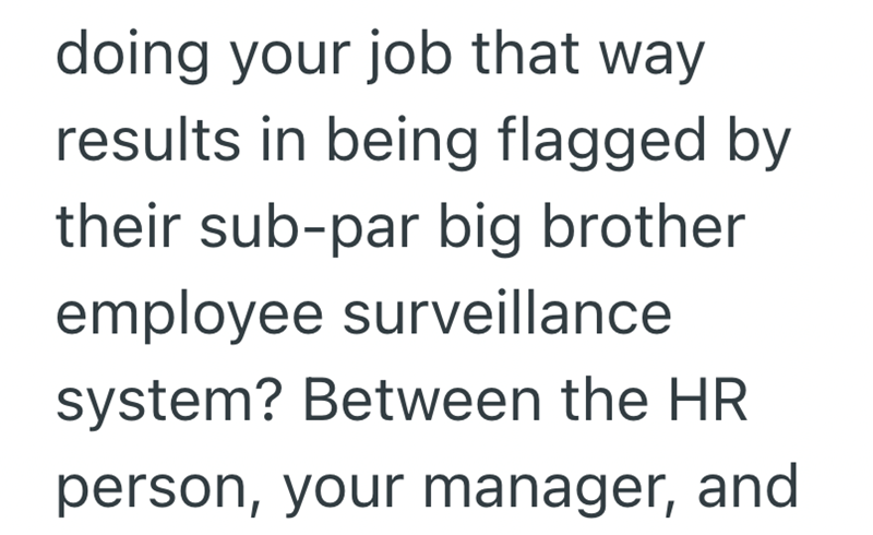 doing your job that way results in being flagged by their sub-par big brother employee surveillance system? Between the HR person, your manager, and