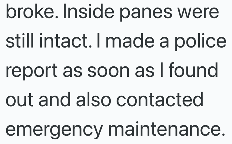 broke. Inside panes were still intact. I made a police report as soon as I found out and also contacted emergency maintenance.
