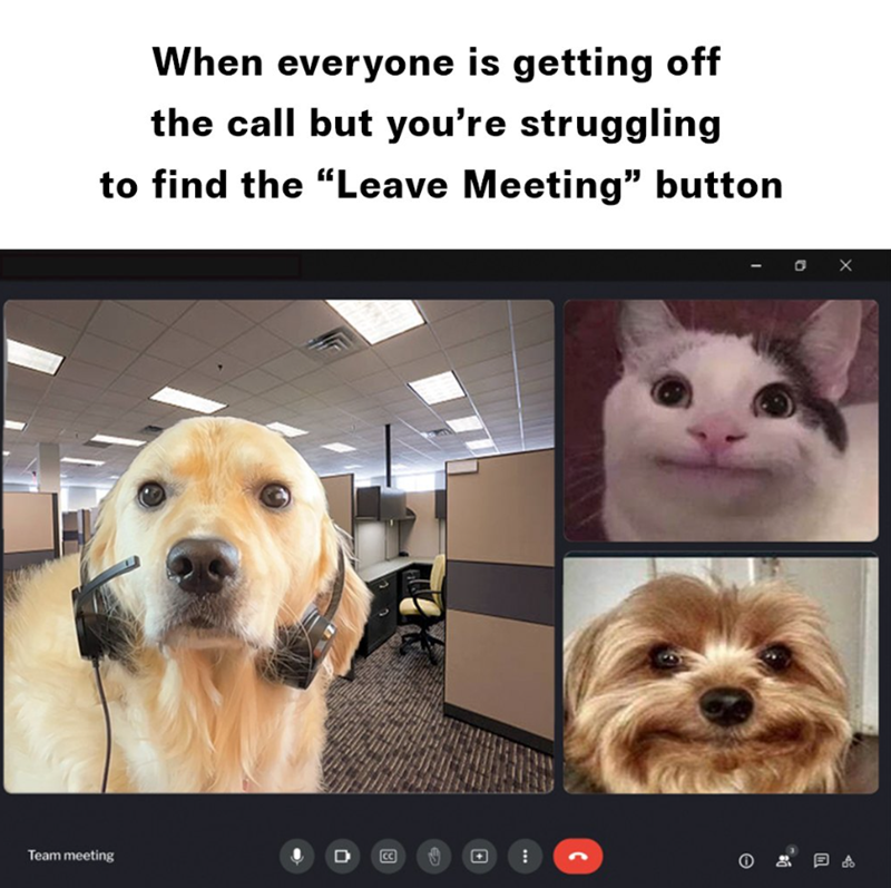 When everyone is getting off the call but you're struggling to find the "Leave Meeting" button Team meeting D CC e C Θ