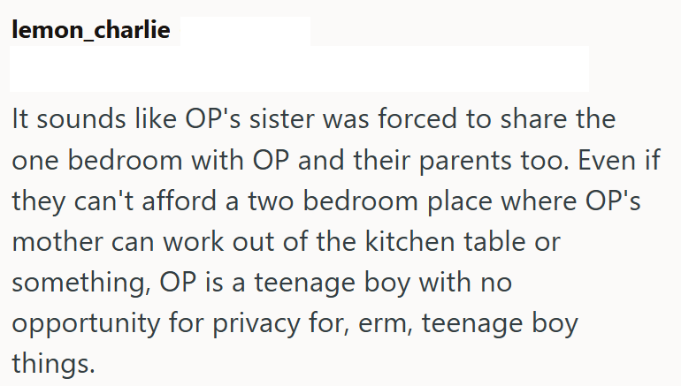 lemon_charlie It sounds like OP's sister was forced to share the one bedroom with OP and their parents too. Even if they can't afford a two bedroom place where OP's mother can work out of the kitchen table or something, OP is a teenage boy with no opportunity for privacy for, erm, teenage boy things.