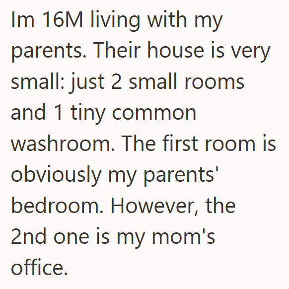 Im 16M living with my parents. Their house is very small: just 2 small rooms and 1 tiny common washroom. The first room is obviously my parents' bedroom. However, the 2nd one is my mom's office.