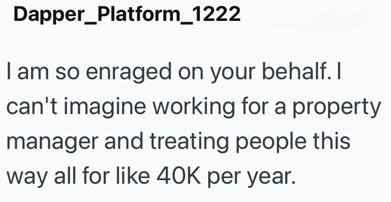 Dapper_Platform_1222 I am so enraged on your behalf. I can't imagine working for a property manager and treating people this way all for like 40K per year.