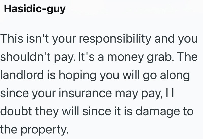 Hasidic-guy This isn't your responsibility and you shouldn't pay. It's a money grab. The landlord is hoping you will go along since your insurance may pay, || doubt they will since it is damage to the property.