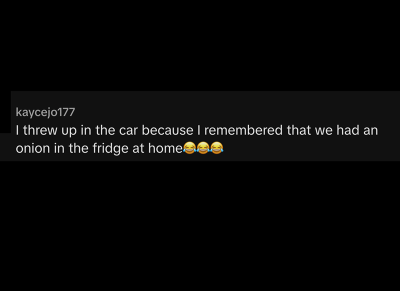 kaycejo177 I threw up in the car because I remembered that we had an onion in the fridge at home e