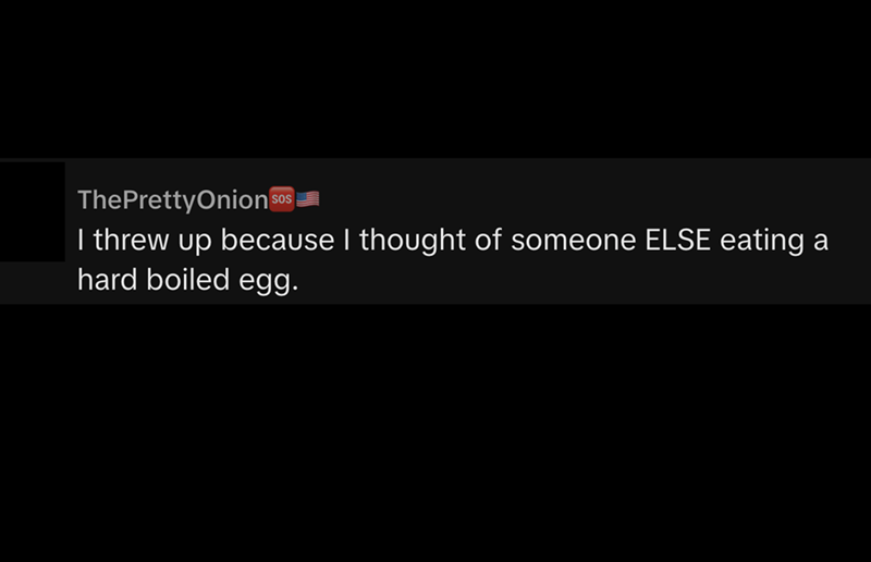ThePrettyOnion So SOS I threw up because I thought of someone ELSE eating hard boiled egg. a