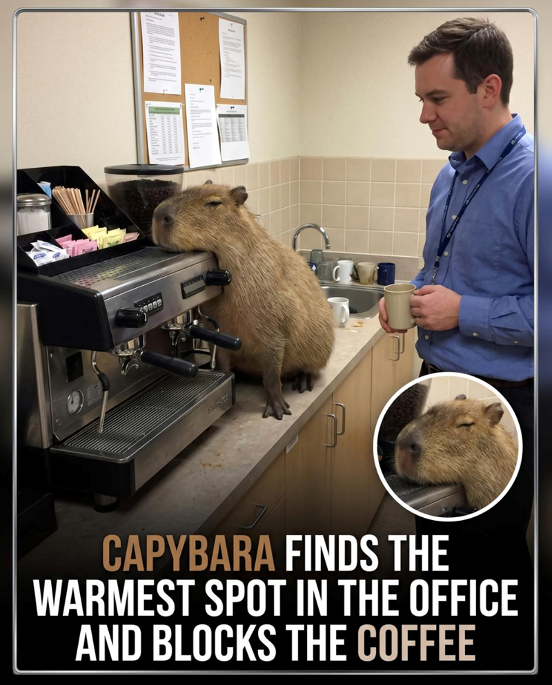 Blondeter CAPYBARA FINDS THE WARMEST SPOT IN THE OFFICE AND BLOCKS THE COFFEE