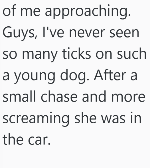 of me approaching. Guys, I've never seen so many ticks on such a young dog. After a small chase and more screaming she was in the car.