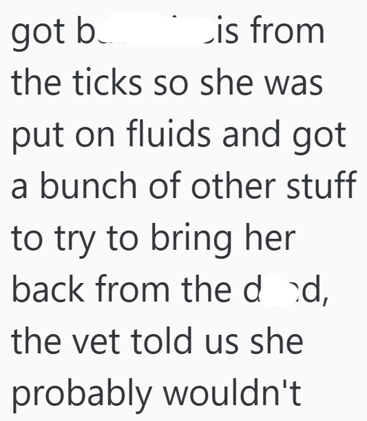 got b is from the ticks so she was put on fluids and got a bunch of other stuff to try to bring her back from the dad, the vet told us she probably wouldn't