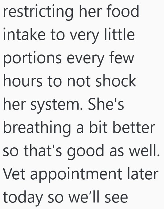restricting her food intake to very little portions every few hours to not shock her system. She's breathing a bit better so that's good as well. Vet appointment later today so we'll see