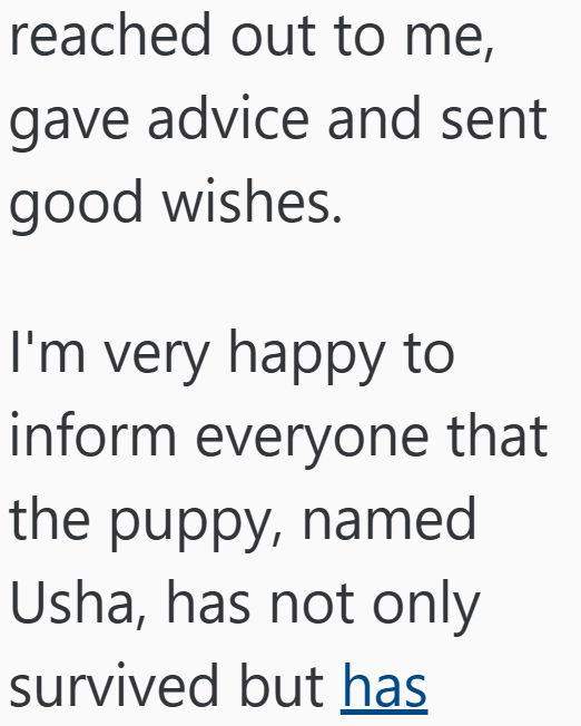 reached out to me, gave advice and sent good wishes. I'm very happy to inform everyone that the puppy, named Usha, has not only survived but has