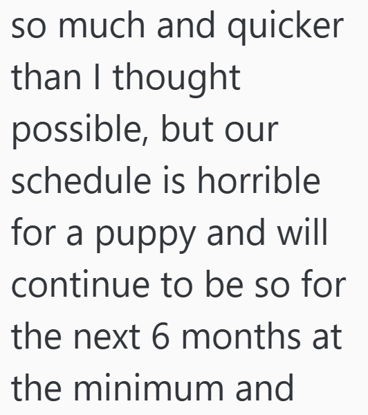 so much and quicker than I thought possible, but our schedule is horrible for a puppy and will continue to be so for the next 6 months at the minimum and