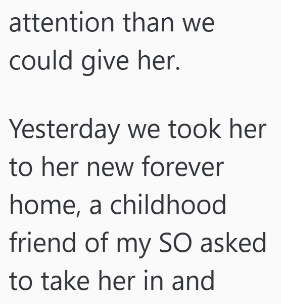attention than we could give her. Yesterday we took her to her new forever home, a childhood friend of my SO asked to take her in and