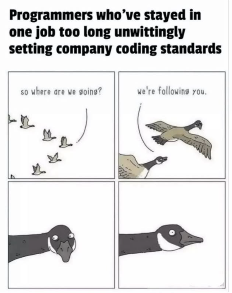 Programmers who've stayed in one job too long unwittingly setting company coding standards so where are we going? we're following you.