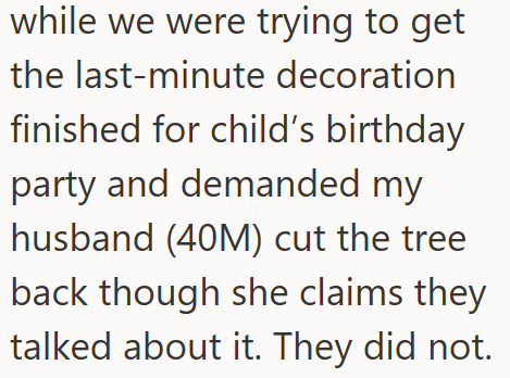 while we were trying to get the last-minute decoration finished for child's birthday party and demanded my husband (40M) cut the tree back though she claims they talked about it. They did not.