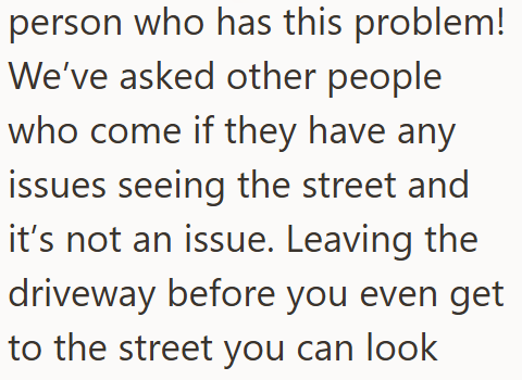 person who has this problem! We've asked other people who come if they have any issues seeing the street and it's not an issue. Leaving the driveway before you even get to the street you can look
