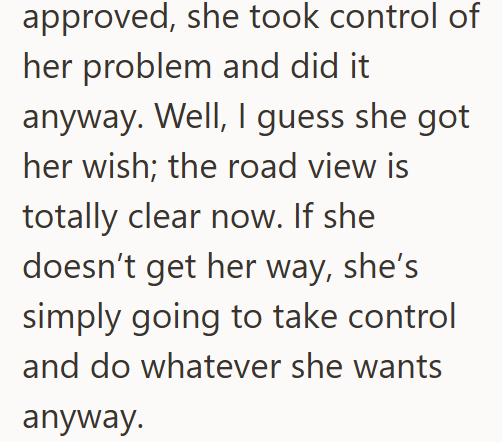 approved, she took control of her problem and did it anyway. Well, I guess she got her wish; the road view is totally clear now. If she doesn't get her way, she's simply going to take control and do whatever she wants anyway.