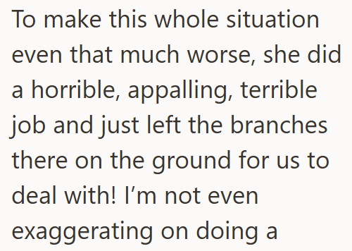 To make this whole situation even that much worse, she did a horrible, appalling, terrible job and just left the branches there on the ground for us to deal with! I'm not even exaggerating on doing a